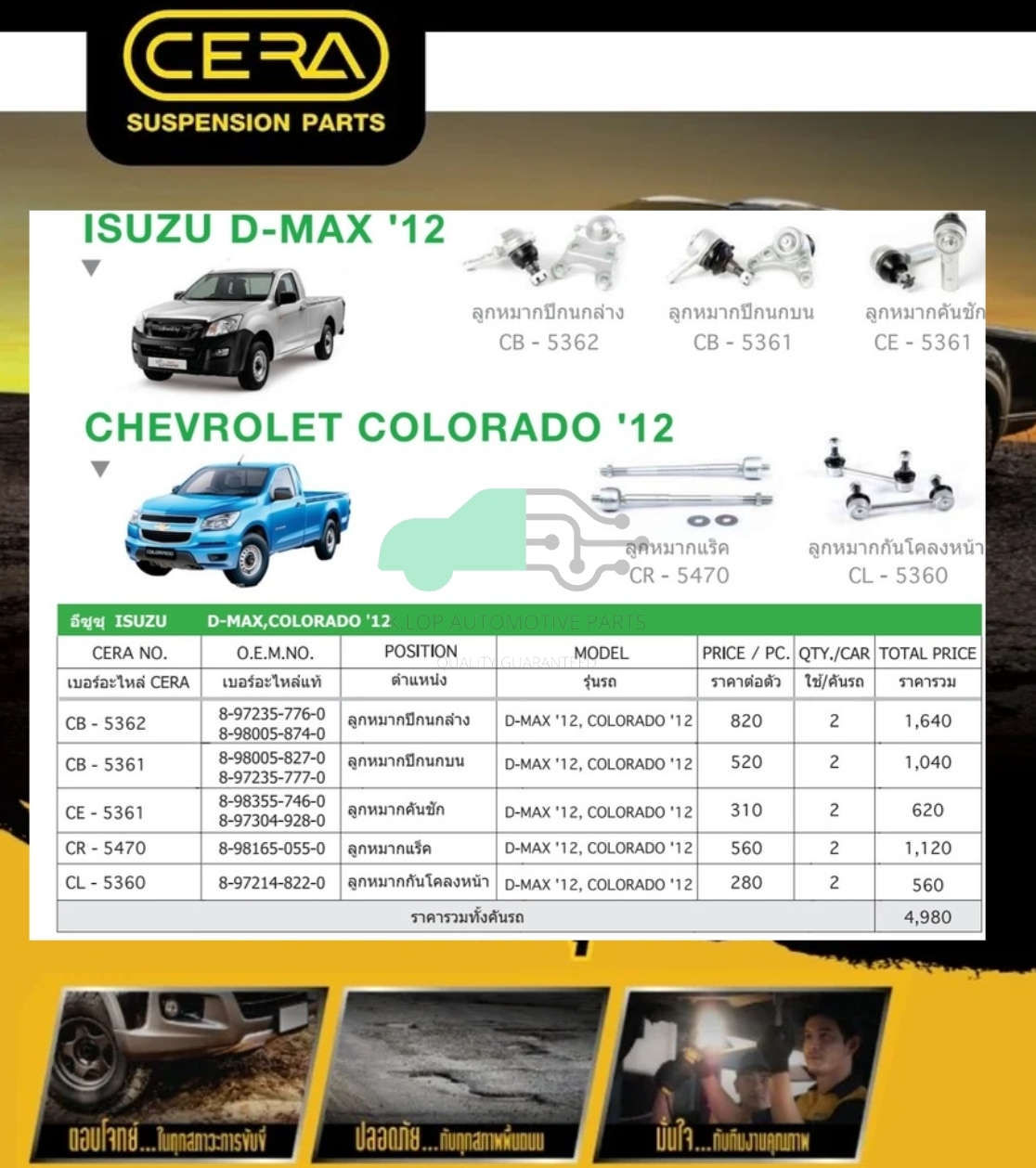 ชุดเปลี่ยนลูกหมากช่วงล่าง(CERA) ISUZU All New D-MAX 2WD,COLORADO 2012- (MADE IN THAILAND) *** มาอุดหนุนสินค้าไทยกันครับ