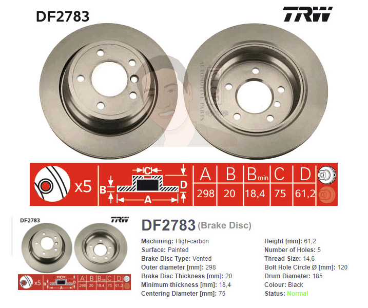 DF2783 จานเบรค-ดรัมเบรค(TRW) BMW E39 (DF4248S ใช้กับ 530i) ปี1995-2004 R V