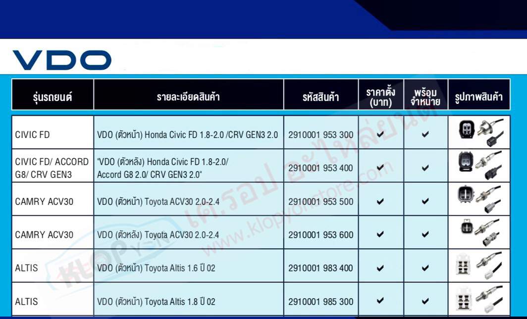 อ๊อกซิเจน-เซ็นเซอร์(O2 Sensor)ยี่ห้อVDO รถยนต์ทุกรุ่น Toyota, Honda ที่มีจำหน่าย (อัพเดท 17-12-2018)