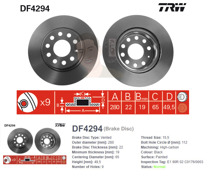 DF4294S จานเบรค-ดรัมเบรค(TRW) VW BEETLE 1.2 1.4 TSI ปี2011> F V