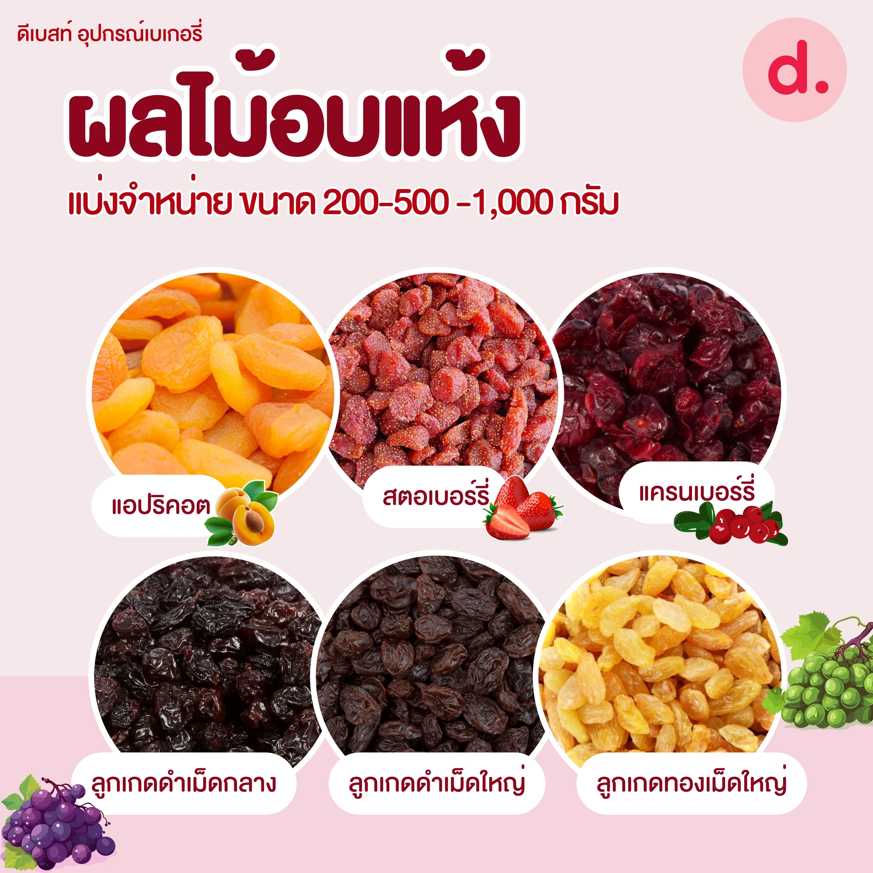 ลูกเกด-แครนเบอร์รี่-สตอเบอร์รี่-แอปริคอตนำเข้า คัดเกรดพรีเมี่ยม (มีให้เลือกหลายขนาด)