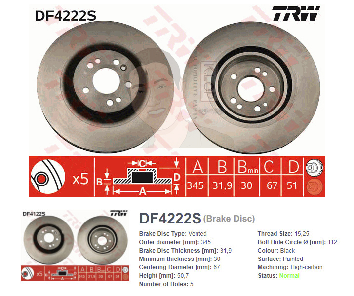 DF4222S จานเบรค-ดรัมเบรค(TRW) BENZ W163 ML350 SUV ปี2002-2005 F V