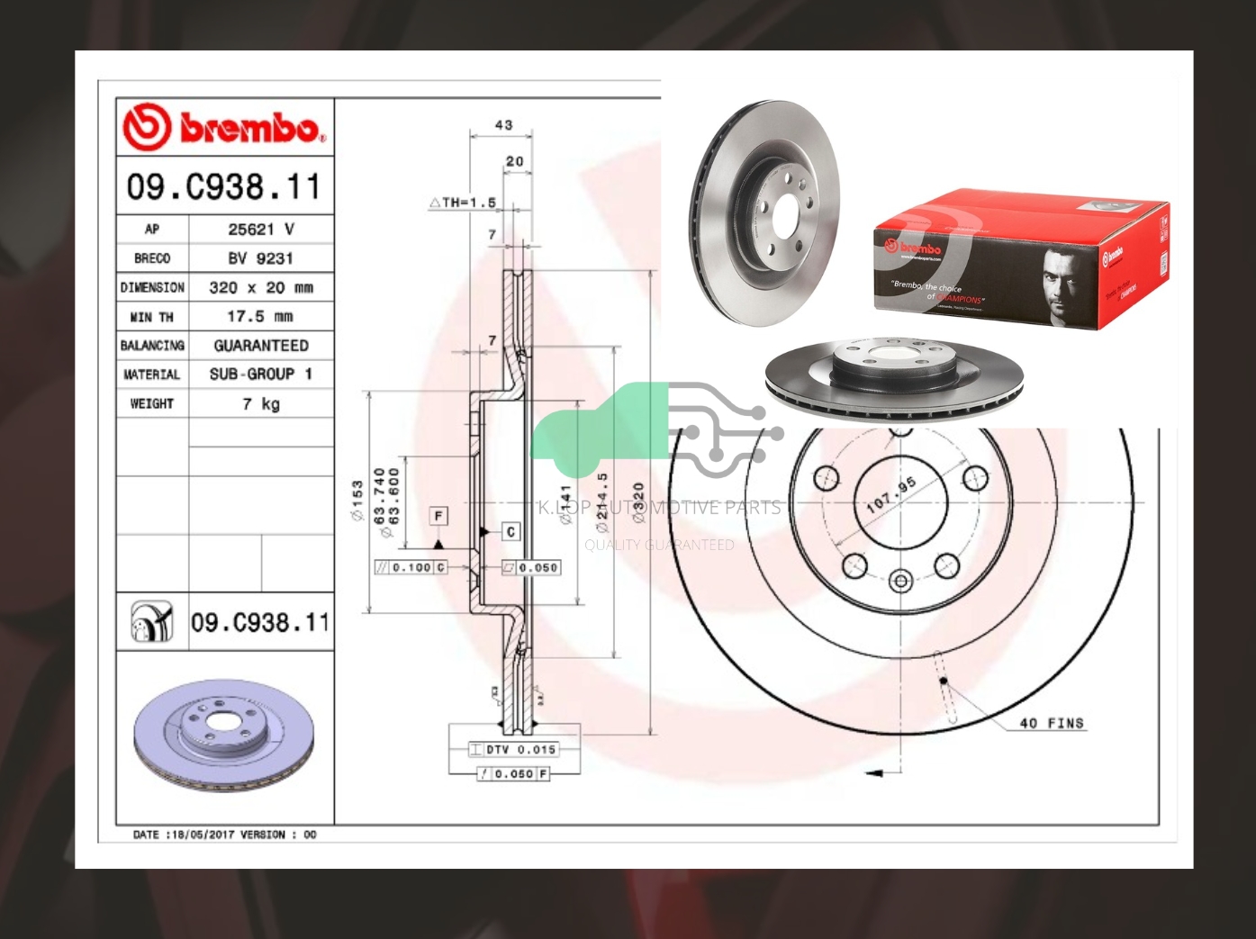09 C938 11 จานเบรคหลัง (ยี่ห้อ BREMBO) Volvo XC90 (2.5T 3.0 D5)