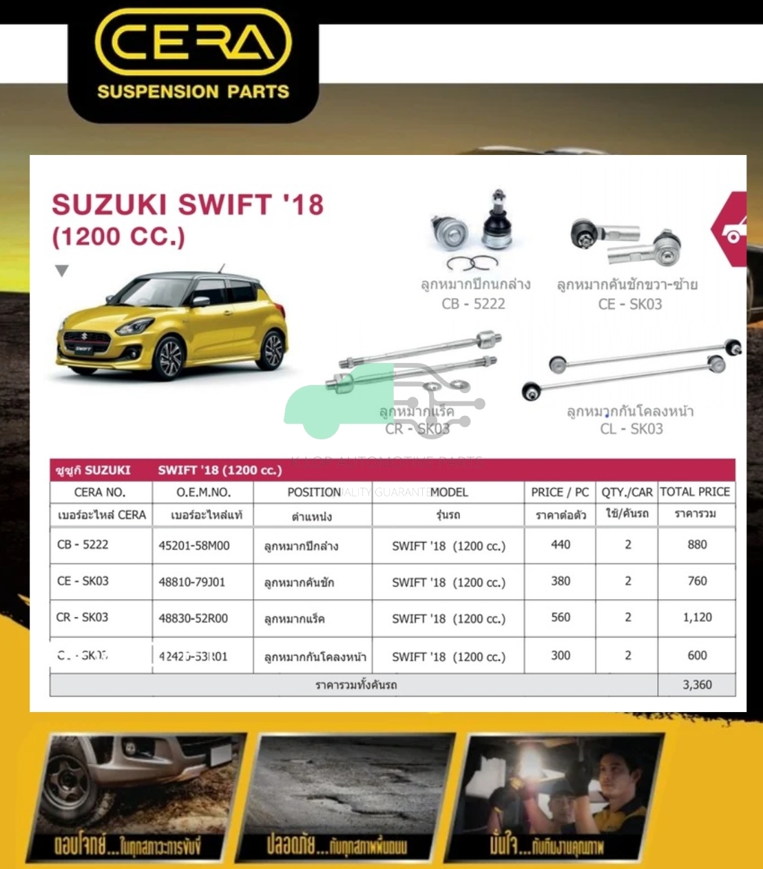 ชุดเปลี่ยนลูกหมากช่วงล่าง(CERA) SUZUKI SWIFT 2018 1200cc.
