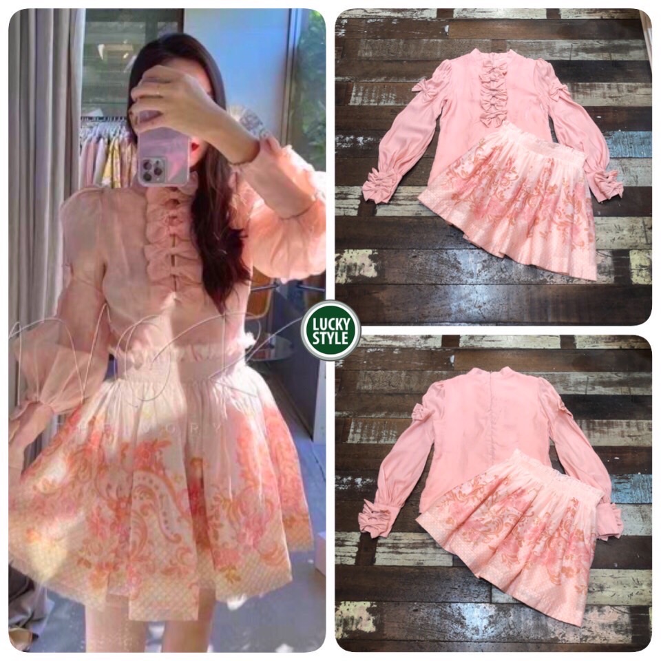 Set เสื้อแขนยาวคอกลม+กระโปรงสั้นงานแบรนด์ ผ้าออแกนซ่าญี่ปุ่นเนื้อบางเบา