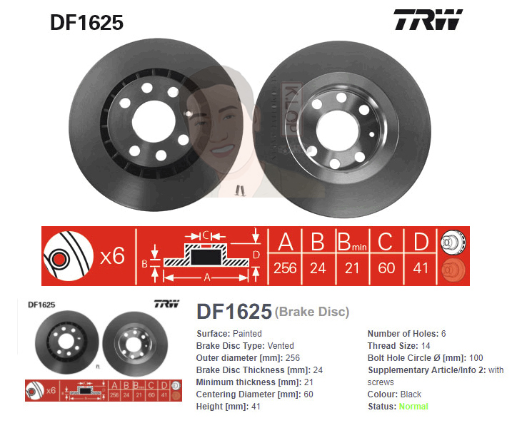 DF1625 จานเบรค-ดรัมเบรค(TRW) OPEL ASTRA 1.6,1.8 (16V) ปี1993-1995 F V / VECTRA A ปี1992-1994 F V