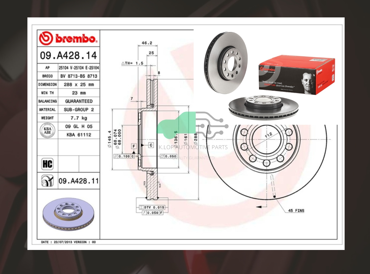 09 A428 14 จานเบรคหน้า (ยี่ห้อ BREMBO) VW Passat IV 3B6 (1.9TDI 2.3) 97-03