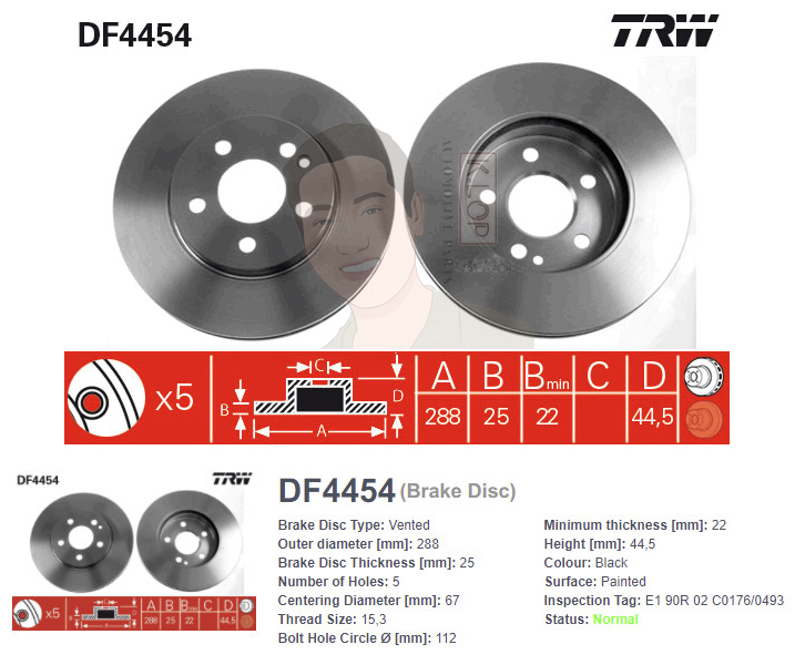 DF4454 จานเบรค-ดรัมเบรค(TRW) BENZ W169 A200 CDI ปี2005-2008 /W245 B180 CDI ปี2005-2010 F V