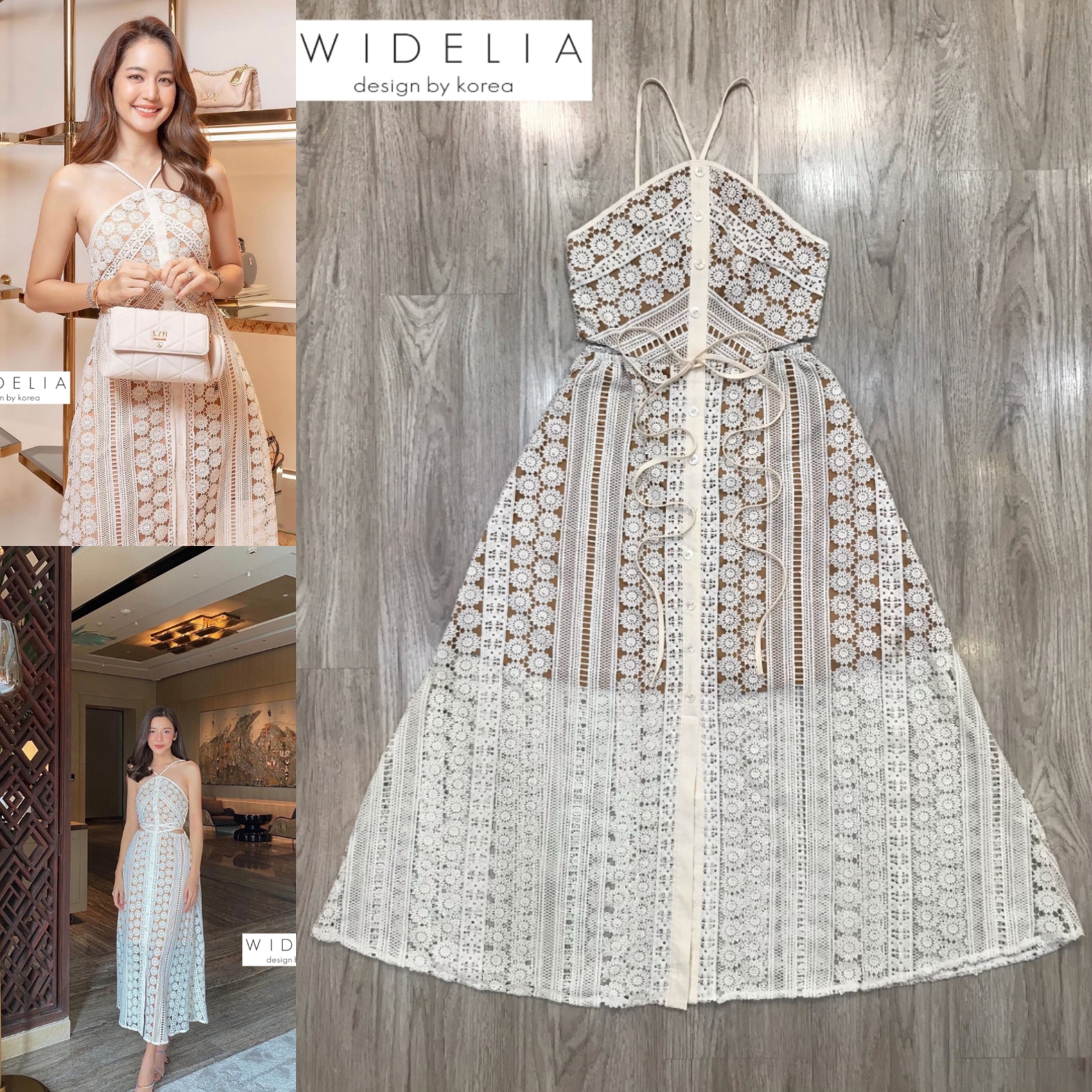 JSD Dress::เดรสลูกไม้ปักฉลุสายเดี่ยวแต่งไขว้