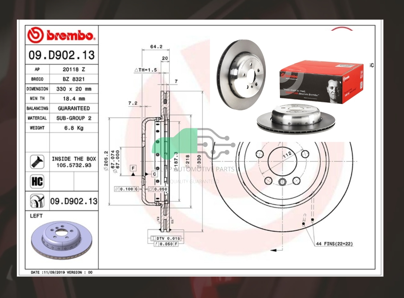 09 D902 13 จานเบรคหลัง (ยี่ห้อ BREMBO) BMW ซีรี่ส์ 3 G20, 5 G30, 6 G32, 7 G12, X3 G01, X4 G02, X5 G05, Z4 G29 (HC) 2016-