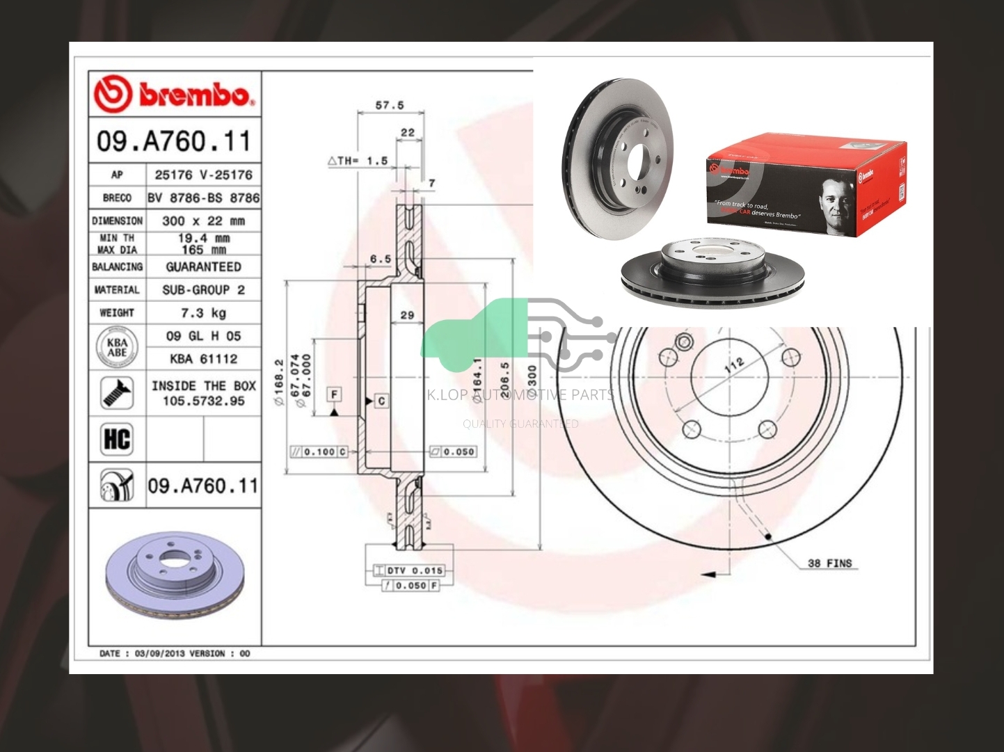 09 A760 11 จานเบรคหลัง (ยี่ห้อ BREMBO) BENZ C W204, C204 (180) (HC)/E-Coupe C207 (200 220 250) (HC) 2009-2016