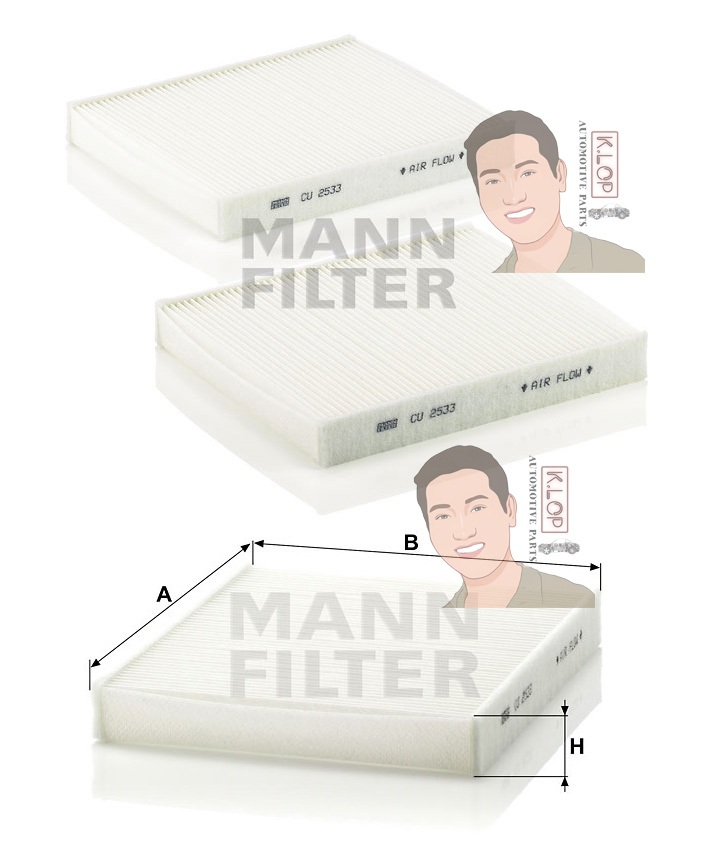 CU2533-2 ไส้กรองแอร์(BMW) 5-F10,11,18 / 6-F12,13/ 7-F01,02,04 เครื่องยนต์ N47,N63 (MANN-FILTER***งานพรีเมี่ยมแท้นำเข้ายุโรป) Dimensions(mm.) A=245 B=206 H=32
