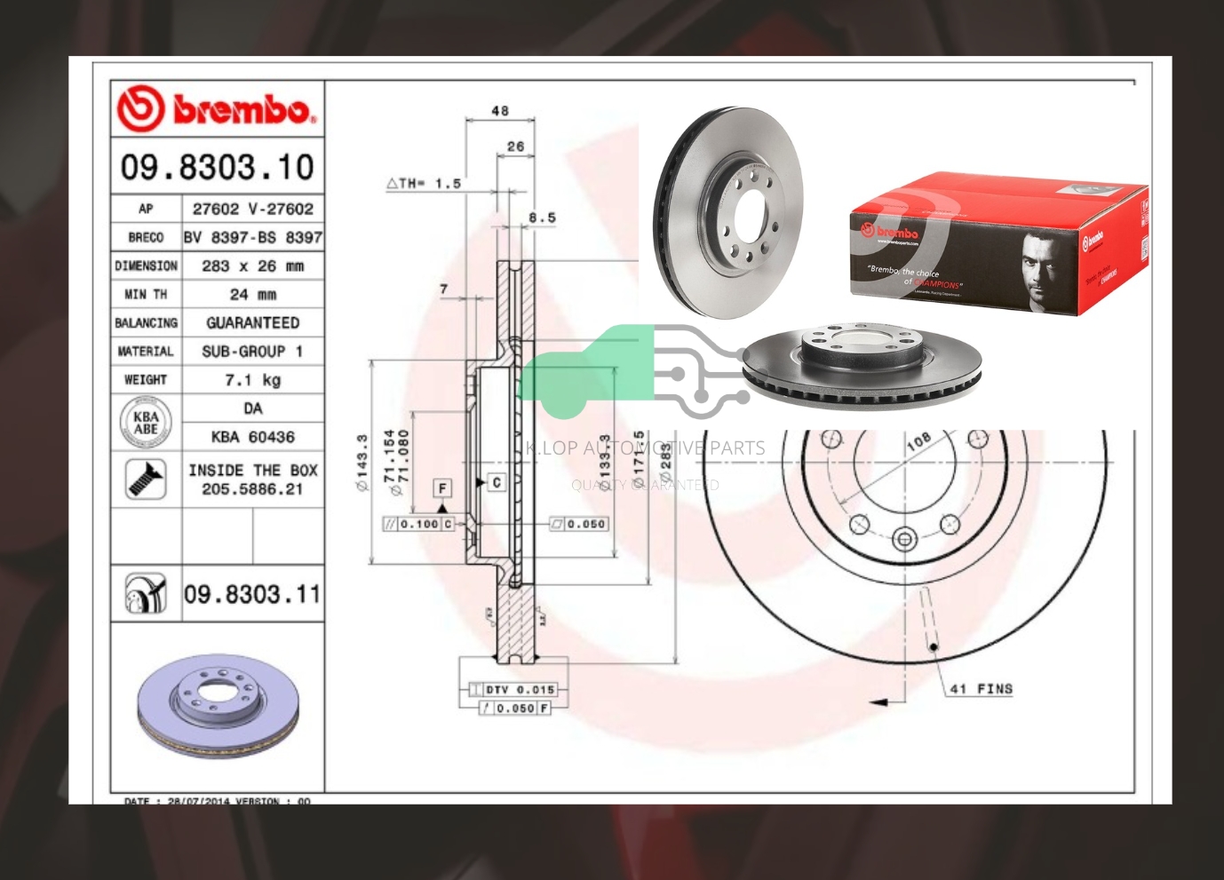 09 8303 11 จานเบรคหน้า (ยี่ห้อ BREMBO) PEUGEOT 508 ปี 11, 407 607