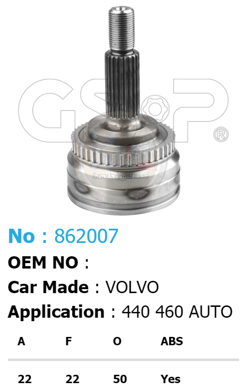รหัสสินค้า 862007 ฟันนอก22 ฟันใน22 คอบ่าซีล50 มีABS [หัวเพลานอก ยี่ห้อGS-P] VOLVO 440, 460/90-97 A/T