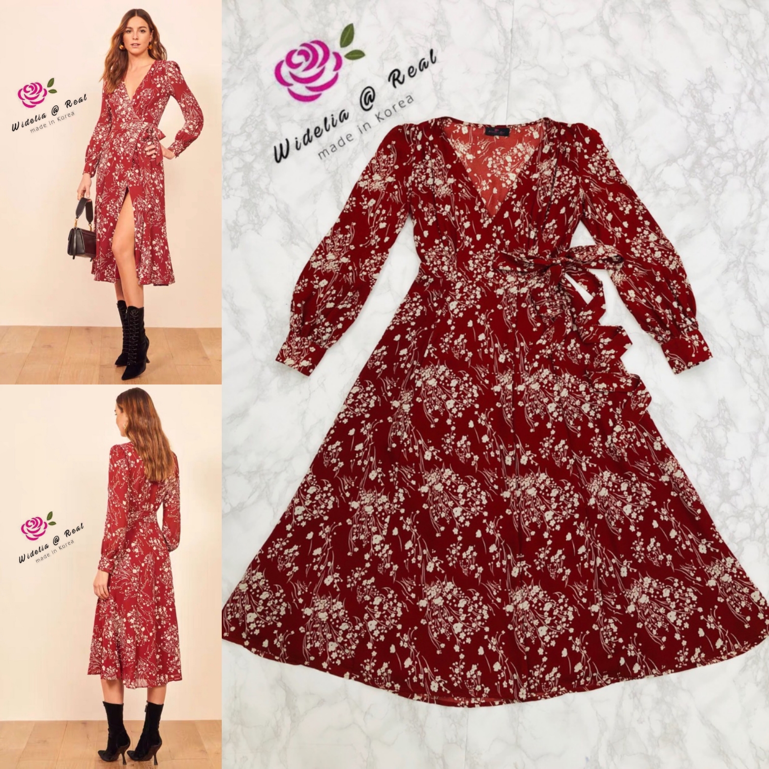Reformation Dress เดรสแขนยาวทรงป้ายตัวสวย มาในโทนสีแดงพิมพ์ลายดอกไม้มาอย่างดี