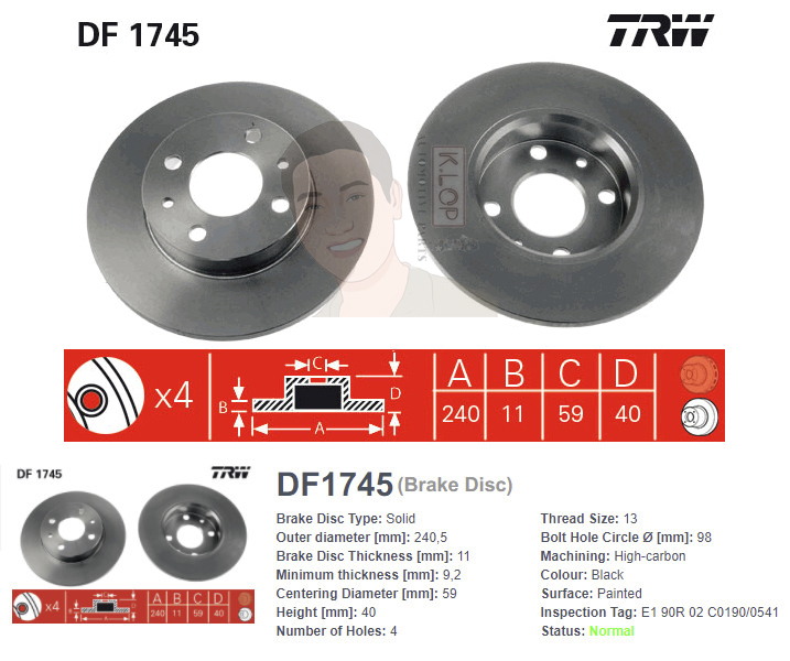 DF1745 จานเบรค-ดรัมเบรค(TRW) FIAT 500, 500C ปี2009 R S / PUNTO (176) 75 1.2 (ABS) ปี1994-1999 F S