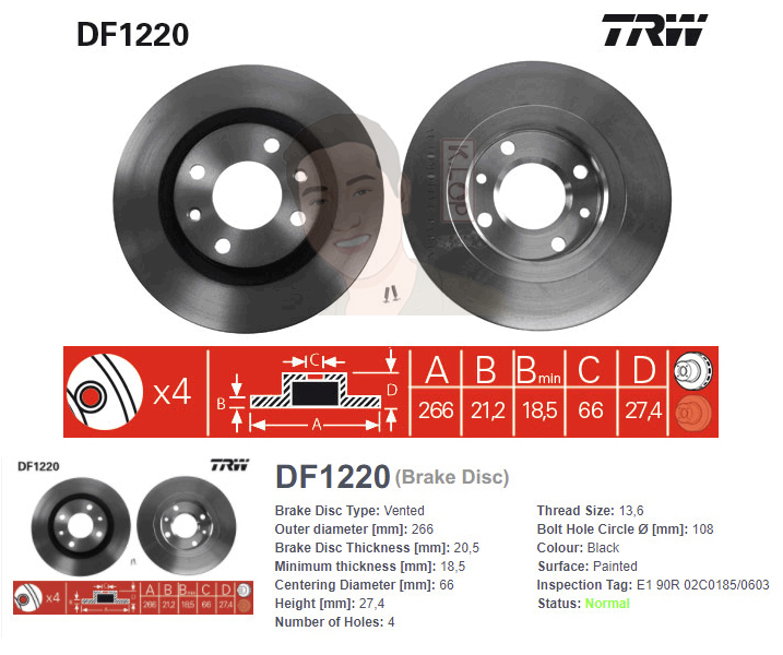 DF1220 จานเบรค-ดรัมเบรค(TRW) PEUGEOT 405 SRI ปี1995 > F V