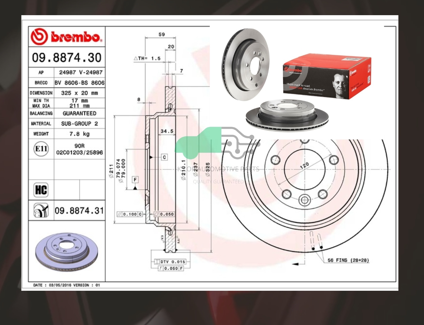 09 8874 31 จานเบรคหลัง (ยี่ห้อ BREMBO) LAND ROVER Discovery III L319 (2.7 4.0) (HC) 05-09