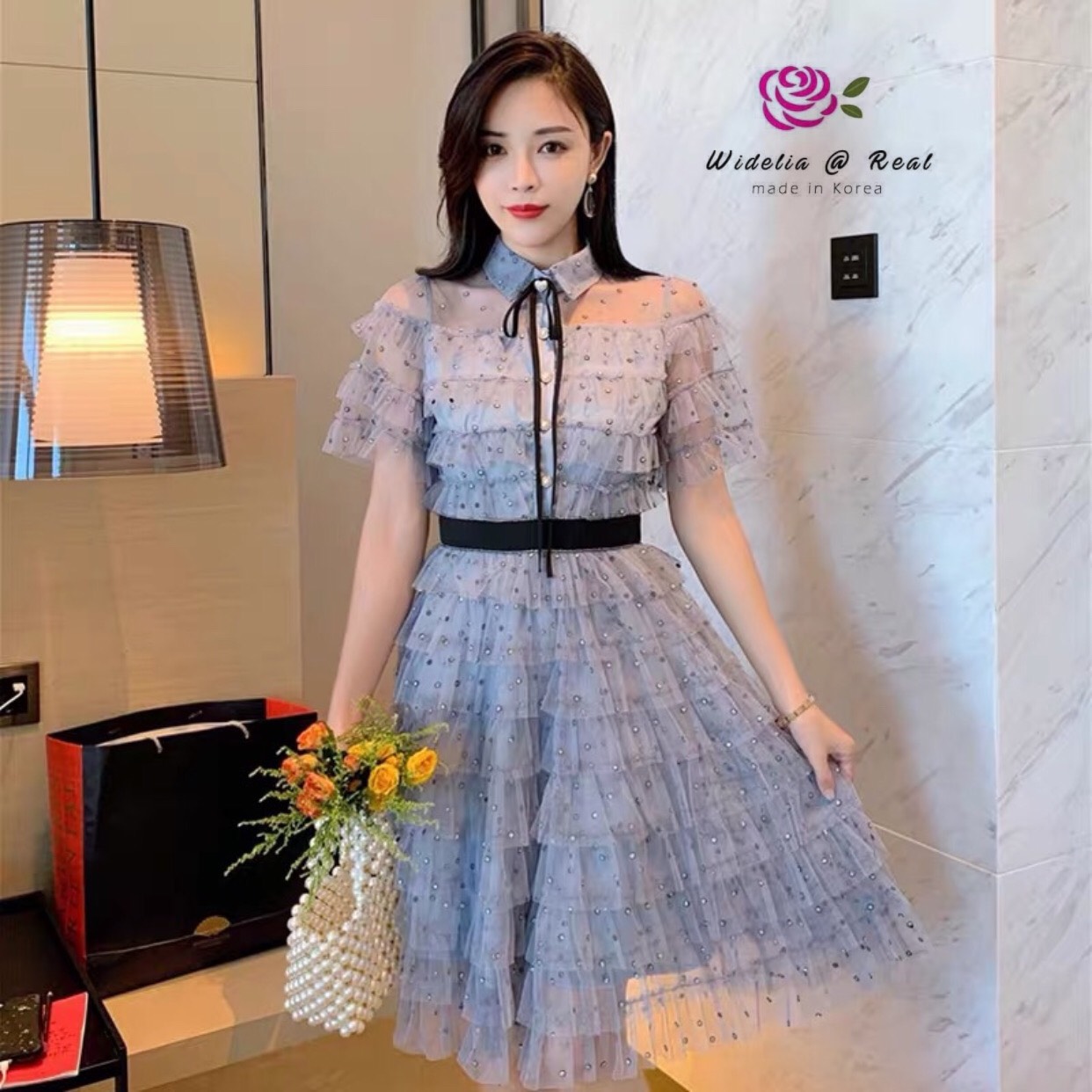 Korea Mini Dress มินิเดรสตัวสั้นแขนสั้นแสนสวย ทรงคอปกผูกโบว์น่าร๊ากกก
