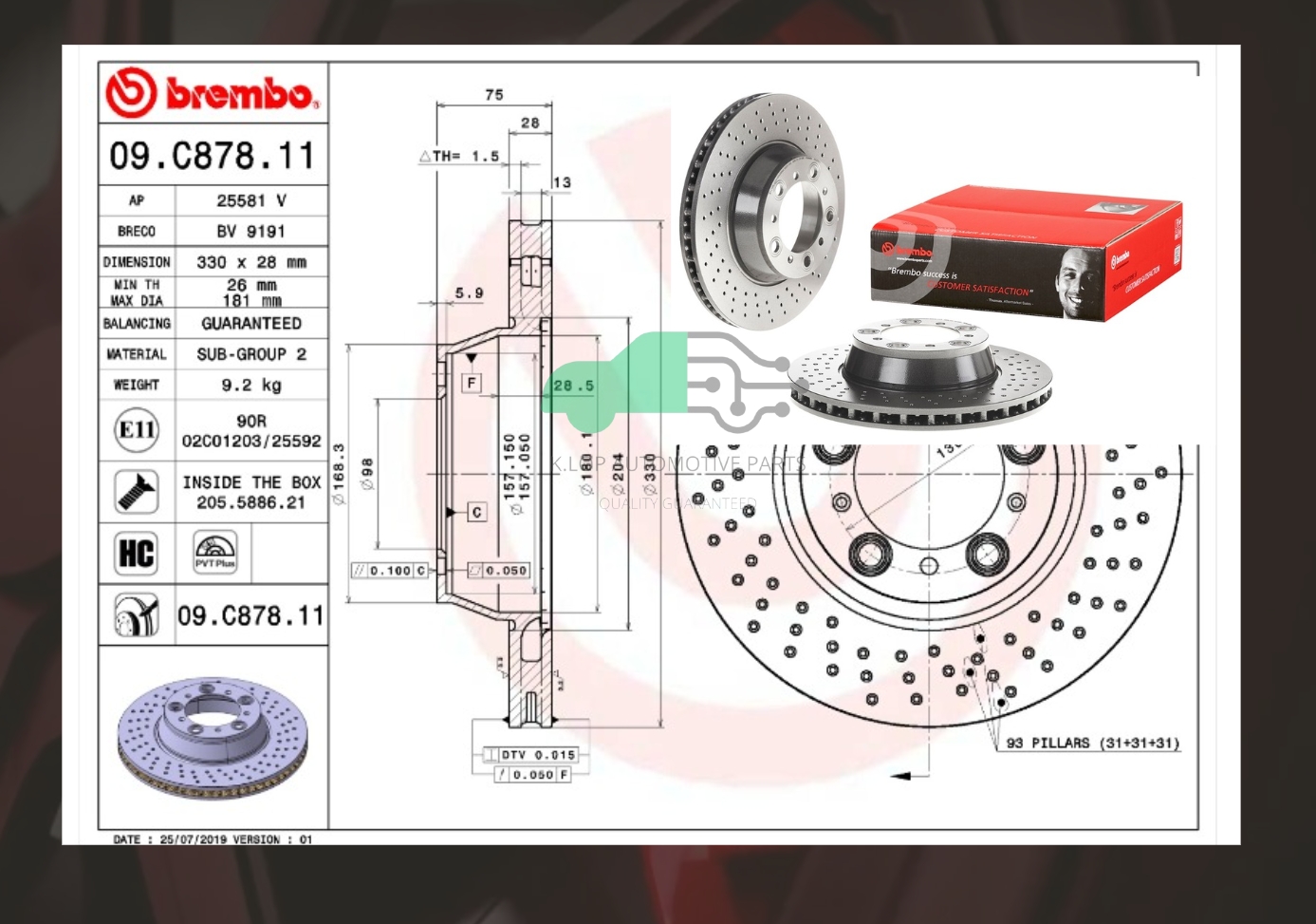 D09 C878 11 จานเบรคหลัง (ยี่ห้อ BREMBO) PORSCHE 911 CARRERA 996 997 (3.4 3.6 3.8) 330 มิล