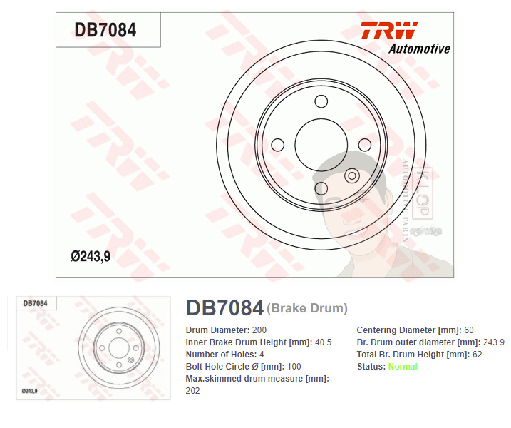 DB7084 จานเบรค-ดรัมเบรค(TRW) CHEVROLET SPIN / Sonic ปี2012 R
