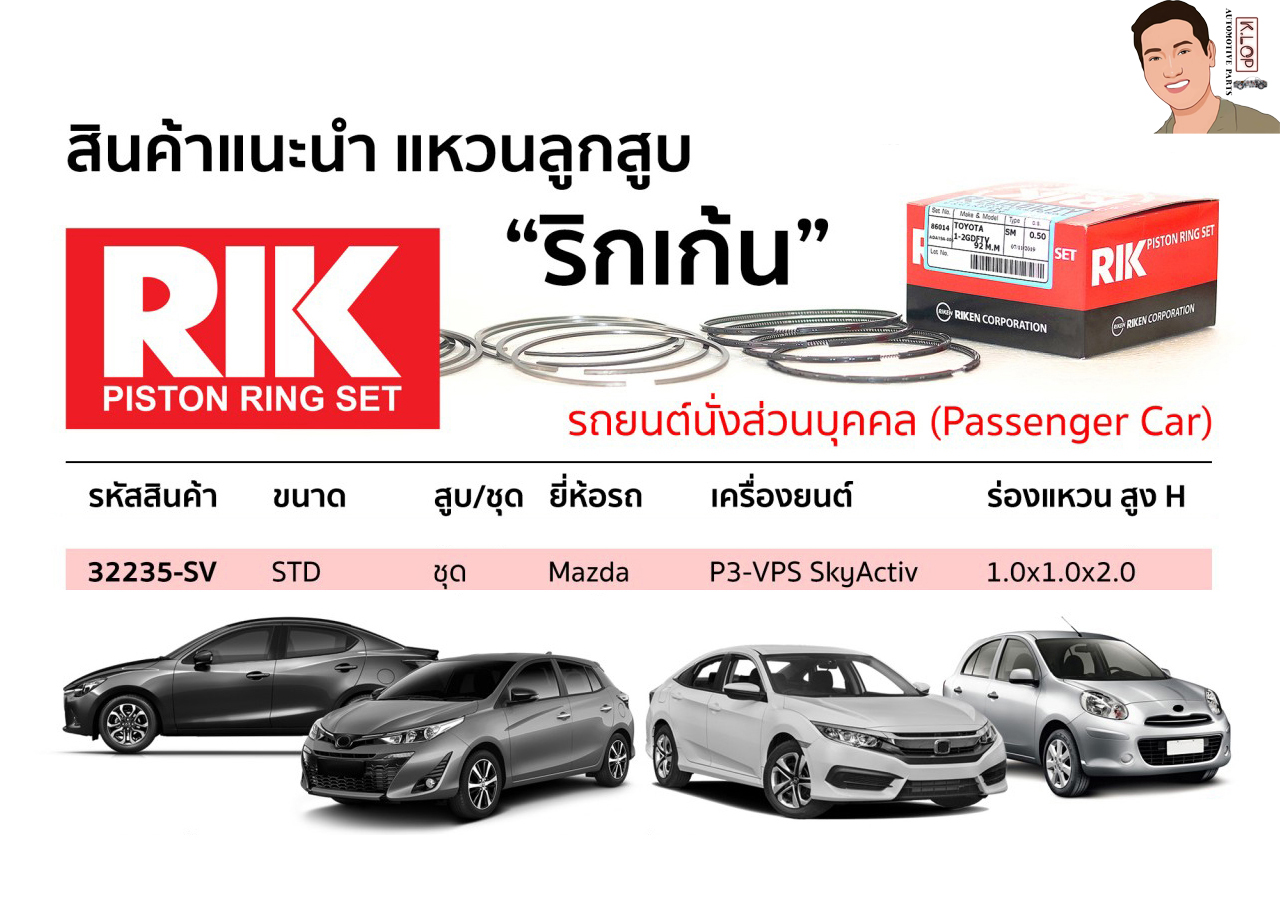 32235-SV แหวนลูกสูบ(RIK-ริกเก้น) ขนาด STD ชุด Mazda เครื่องยนต์ P3-VPS SkyActiv ร่องแหวน สูง H 1.0x1.0x2.0
