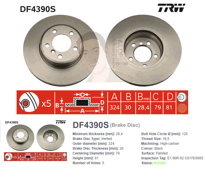 DF4390S จานเบรค-ดรัมเบรค(TRW) BMW E65, E66 (730i,735i) <BP+HC> ปี2002-2005 F V