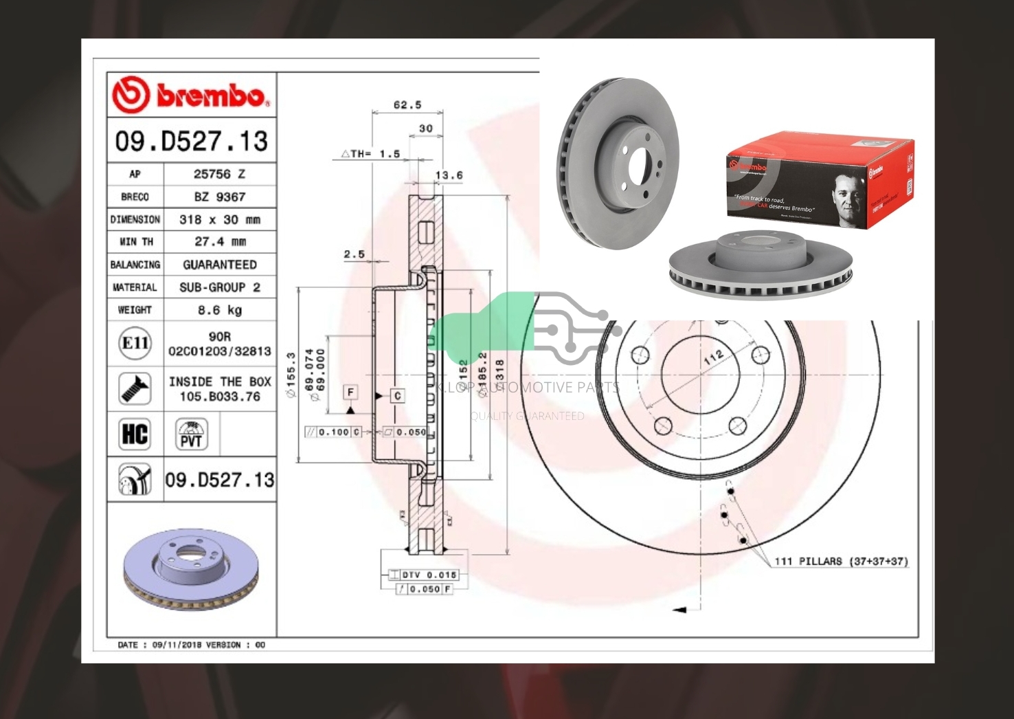 09 D527 13 จานเบรคหน้า (ยี่ห้อ BREMBO) BENZ C W205, C205 (200 220 250 300) (HC)