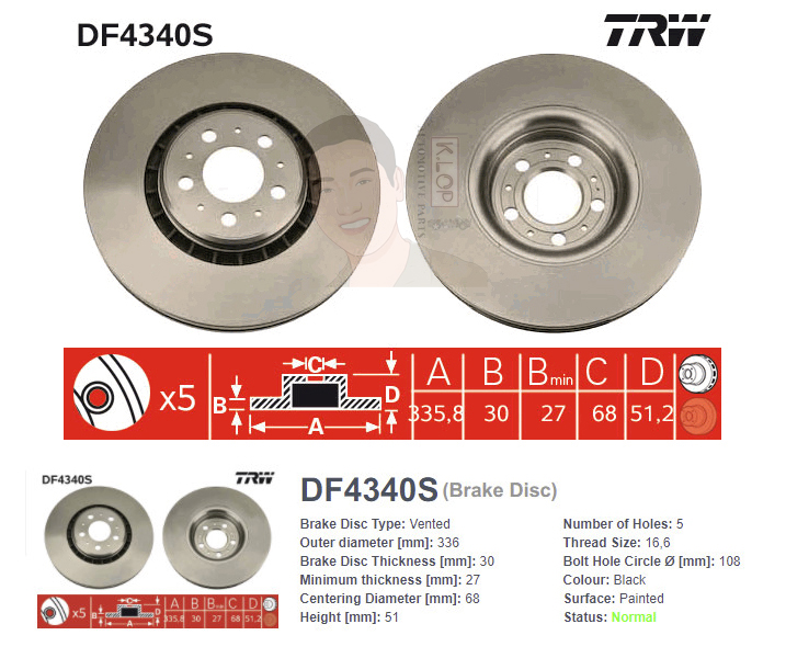 DF4340S จานเบรค-ดรัมเบรค(TRW) VOLVO XC90 2.5T, 3.0, D5 ปี2003> F V