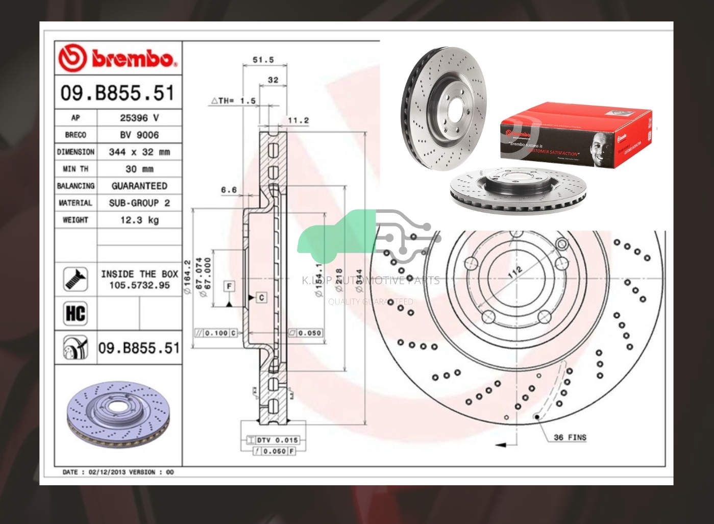 D09 B855 51 จานเบรคหน้า (ยี่ห้อ BREMBO) BENZ CLS C218, X218 (250CDi 350CDi) (เจาะรู) (HC) 344 มิล