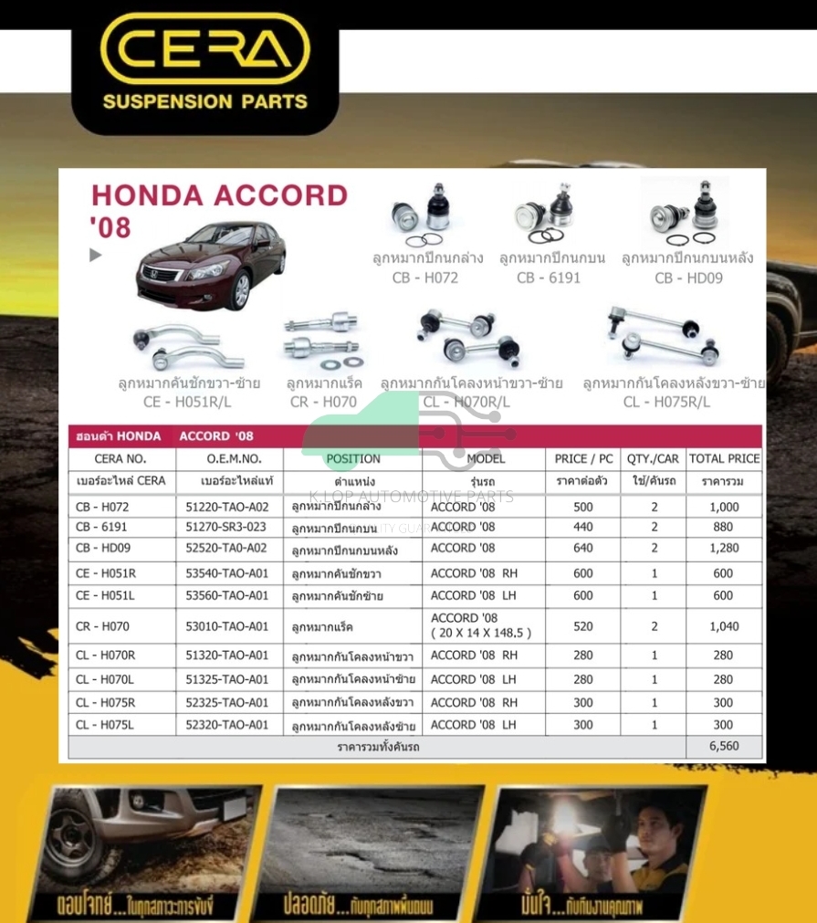 ชุดเปลี่ยนลูกหมากช่วงล่าง HONDA ACCORD G8 2008- 2.4cc. (MADE IN THAILAND) *** มาอุดหนุนสินค้าไทยกันครับ