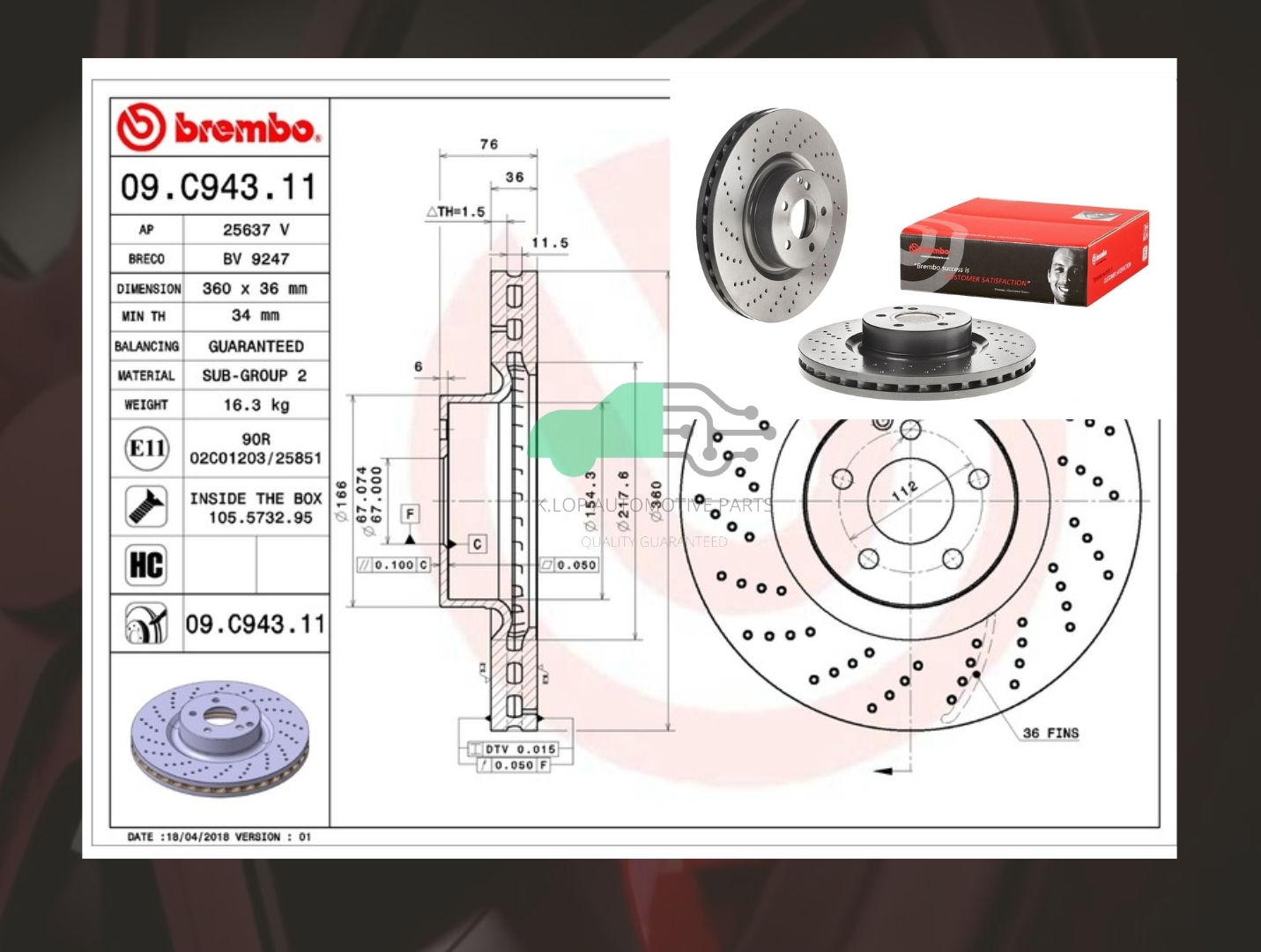 D09 C943 11 จานเบรคหน้า (ยี่ห้อ BREMBO) BENZ S W220 (600), C215 (เจาะรู) (HC) 02-05