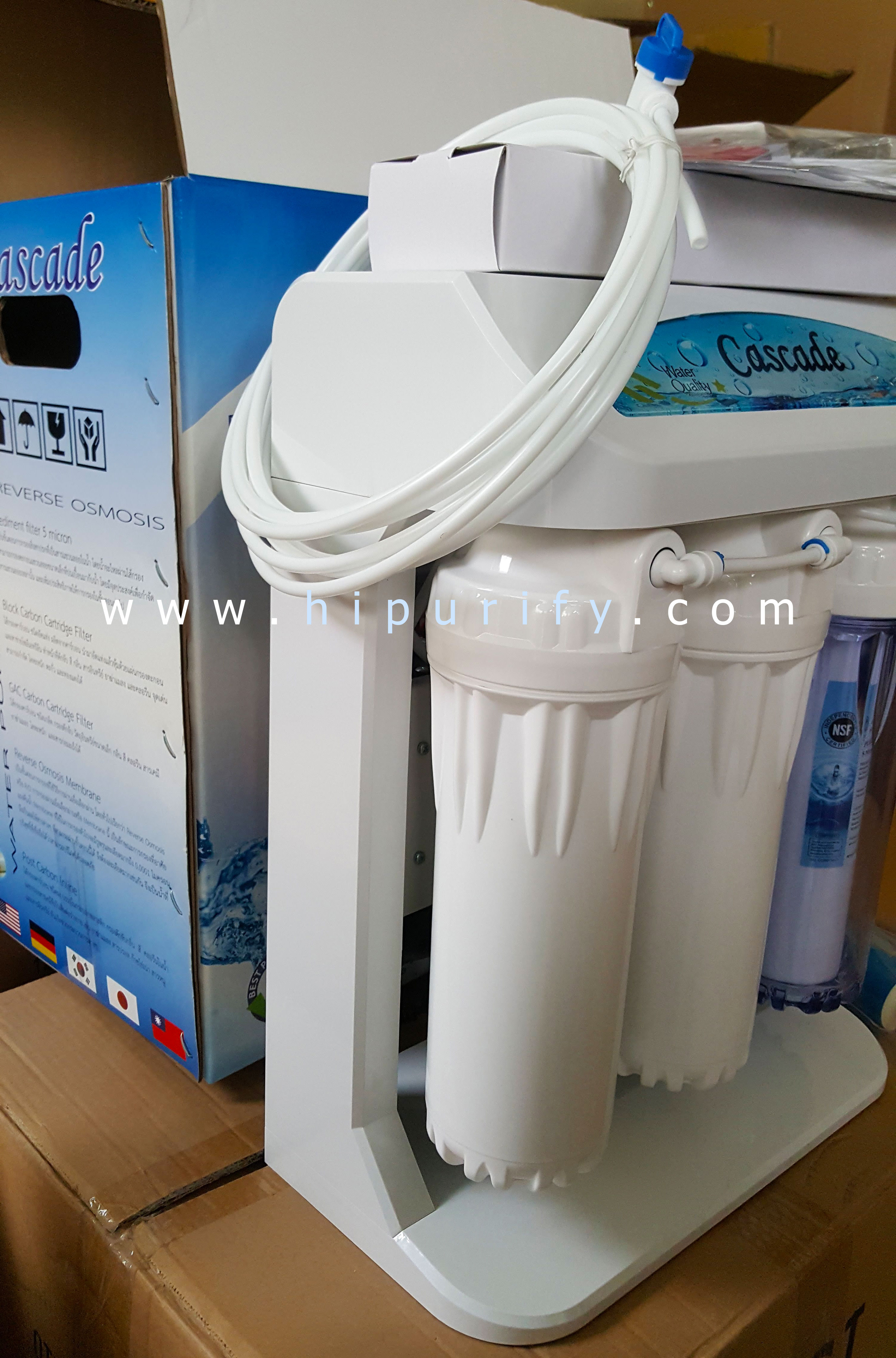 เครื่องกรองน้ำ RO 75GPD รุ่น Cascade โครงฝาครอบ + ถังสำรองน้ำ 3.2 GL (อุปกรณ์ติดตั้งครบชุด)