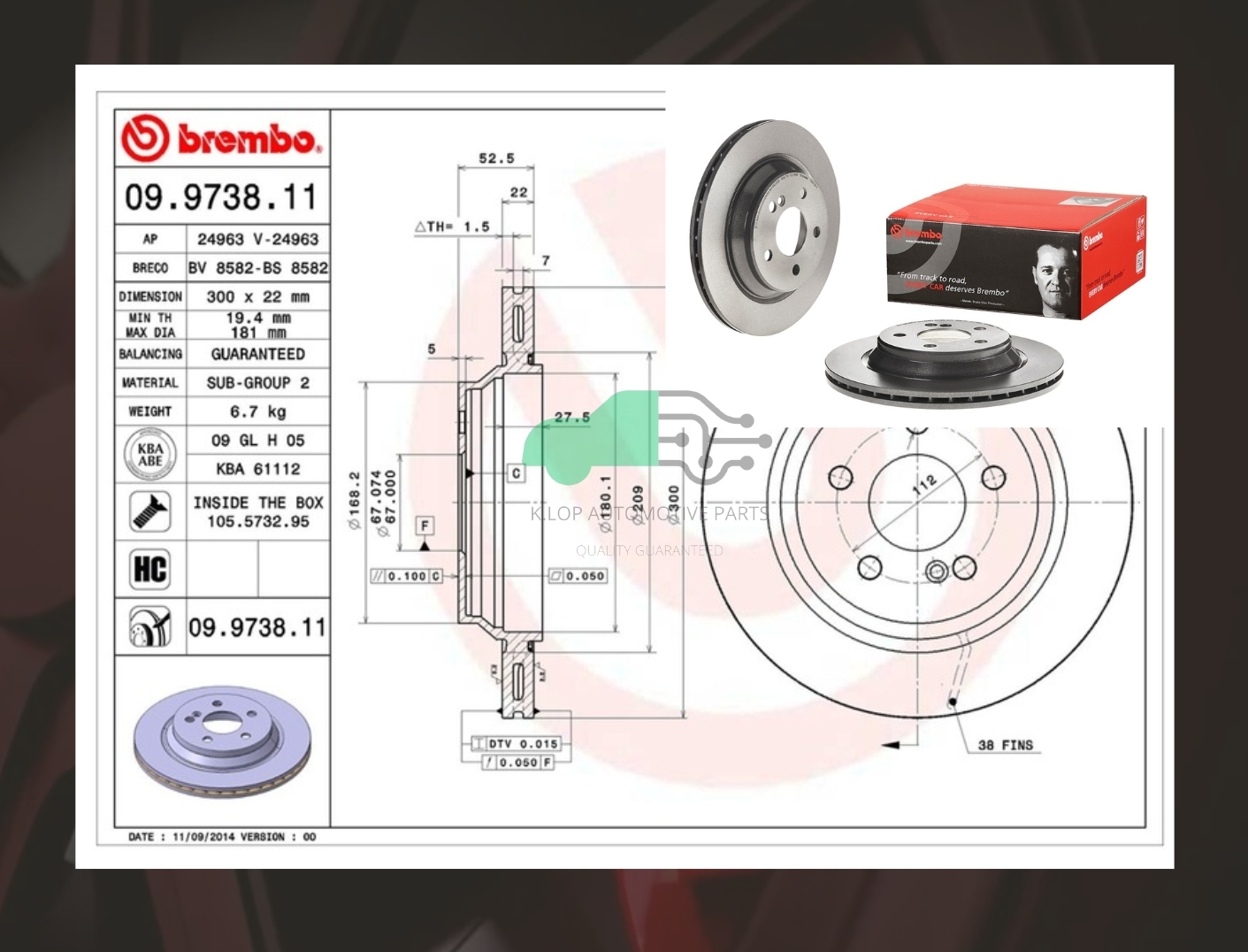 09 9738 11 จานเบรคหลัง (ยี่ห้อ BREMBO) BENZ S W220 (280 320) (HC)