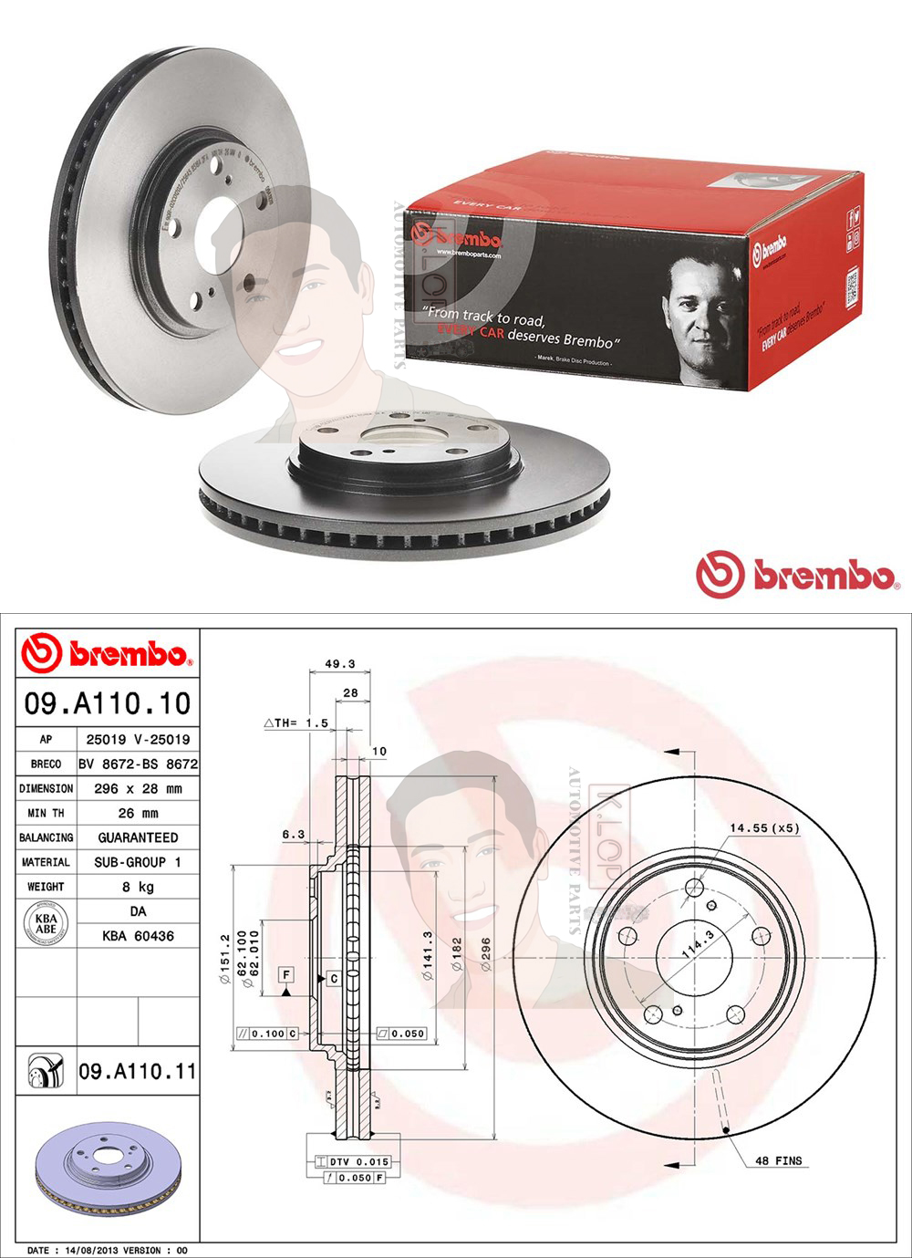 09 A110 11 จานเบรค ล้อ F (ยี่ห้อ BREMBO) รุ่น UV TOYOTA Camry ACV30, Harrier ปี 1998-2003