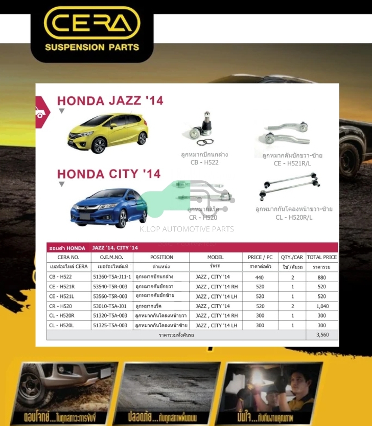 ชุดเปลี่ยนลูกหมากช่วงล่าง(CERA) Honda Jazz, City ปี2014 (MADE IN THAILAND) *** มาอุดหนุนสินค้าไทยกันครับ