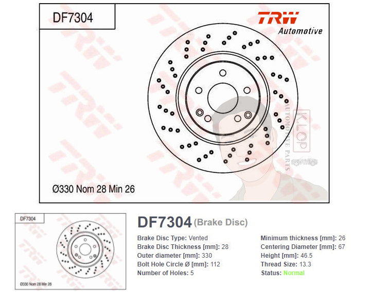 DF7304 จานเบรค-ดรัมเบรค(TRW) BENZ R171 SLK 350 ปี2004-2011 /W203 C200,C220 CDI /C230 KOMPRESSOR (จานมีรู) ปี2000-2006 F V