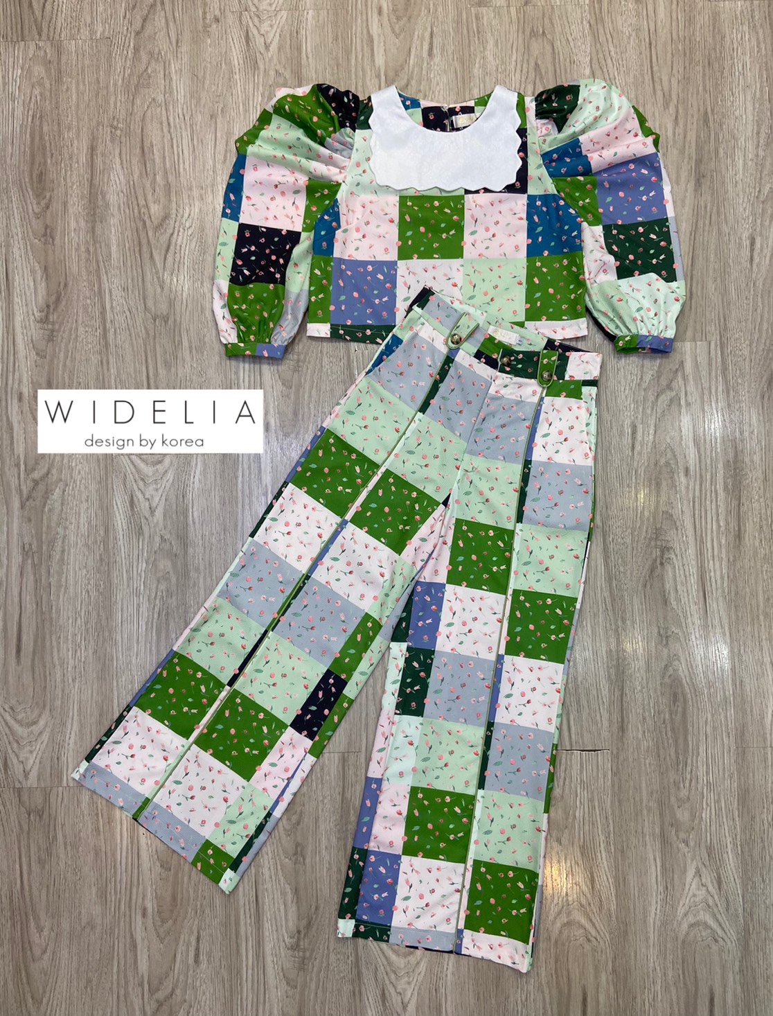 Korea เสื้อคอปกตัวเสื้อแขนยาวกับกางเกงขายาวเอวสูง ตัวเซตพิมพ์ลายทั้งเซต