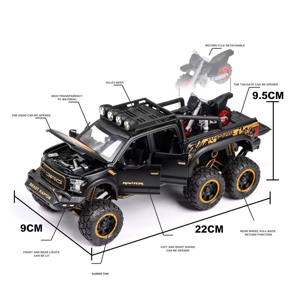 โมเดลรถเหล็ก Ford Raptor 6 ล้อ บรรทุกรถ scale 1:28 มีเสียงมีไฟ (ปลีก-ส่ง)