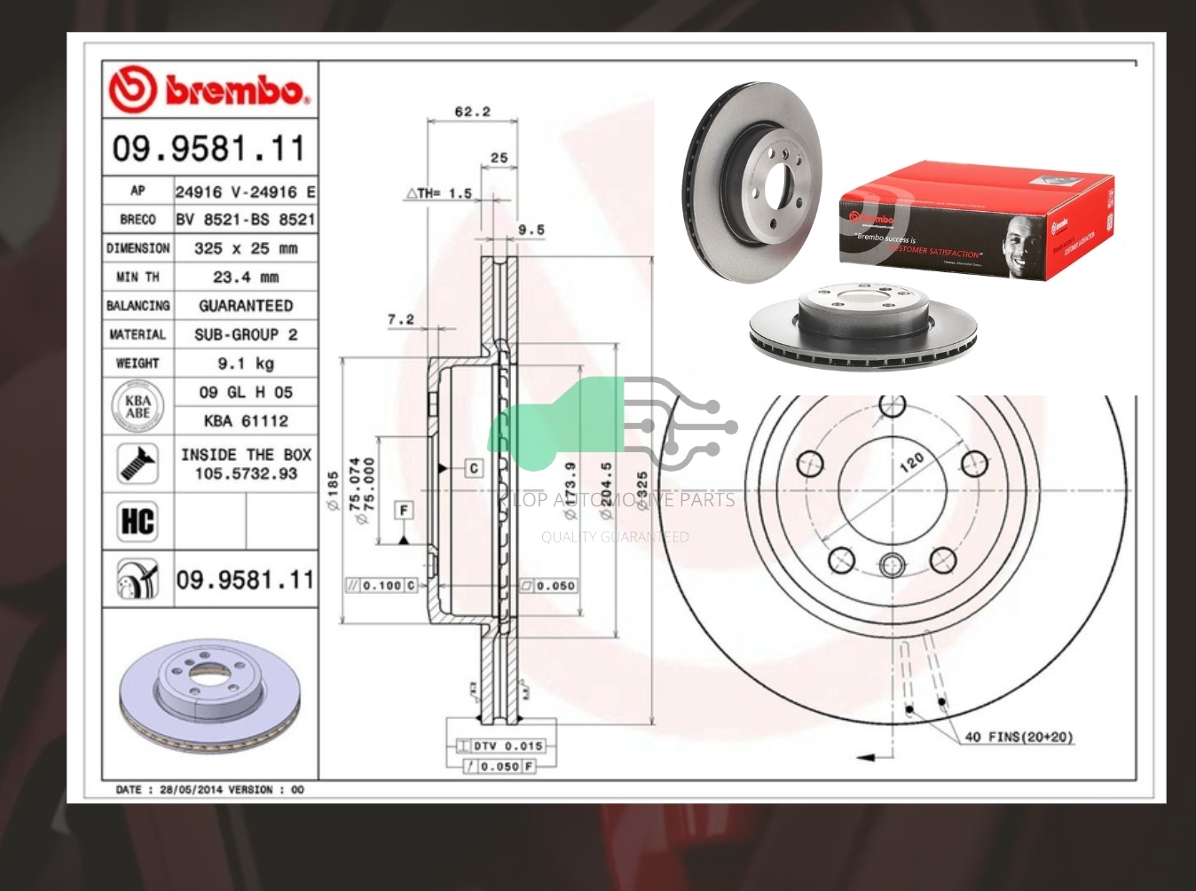 09 9581 11 จานเบรคหน้า (ยี่ห้อ BREMBO) BMW ซีรี่ส์ X3 E83 (20d 25i) (HC) 04-08