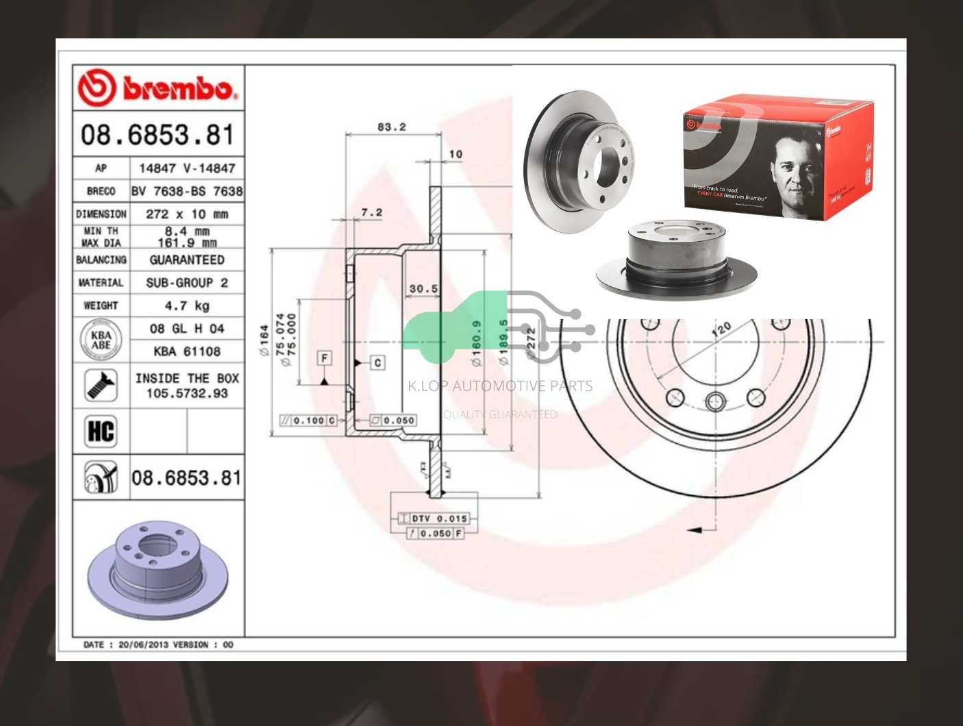 08 6853 81 จานเบรคหลัง (ยี่ห้อ BREMBO) BMW ซีรี่ส์ Z3 E36 (1.8 1.9 2.0 2.2 2.8 3.0) (HC) 95-03