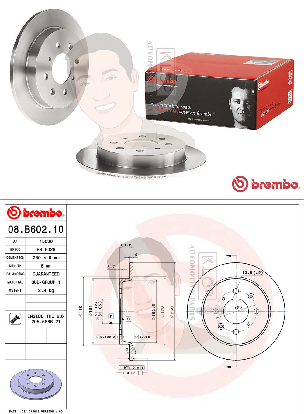 08 B602 10 จานเบรค ล้อ R (ยี่ห้อ BREMBO) รุ่น Std HONDA City ปี 2008-2014 /HONDA Jazz GE ปี2008-2014