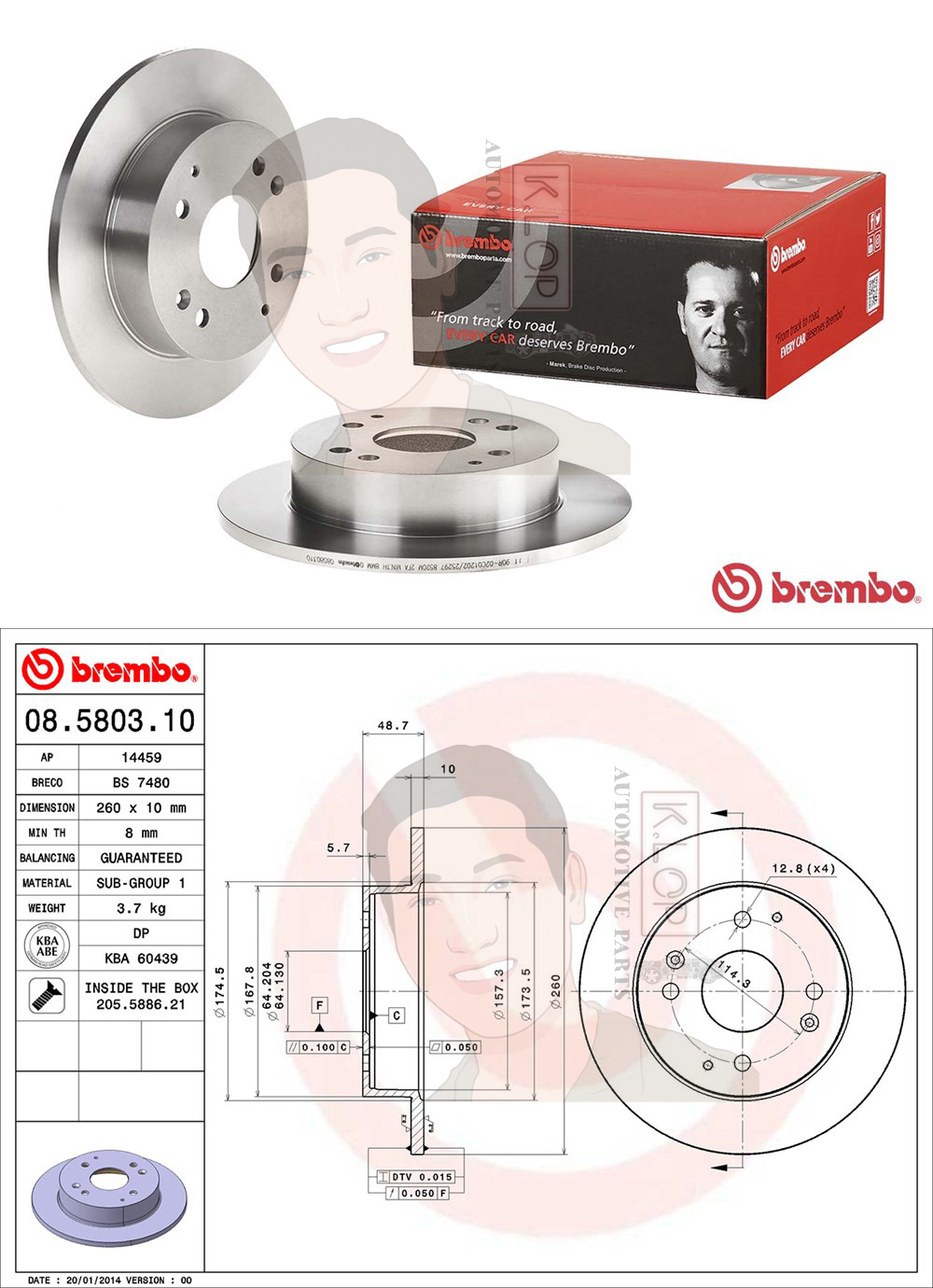 08 5803 10 จานเบรค ล้อ R (ยี่ห้อ BREMBO) รุ่น Std HONDA Accord (ไฟท้ายก้อนเดียว/สองก้อน) ปี 1994-1998 /HONDA Accord 2.3 (งูเห่า) ปี1998-2002