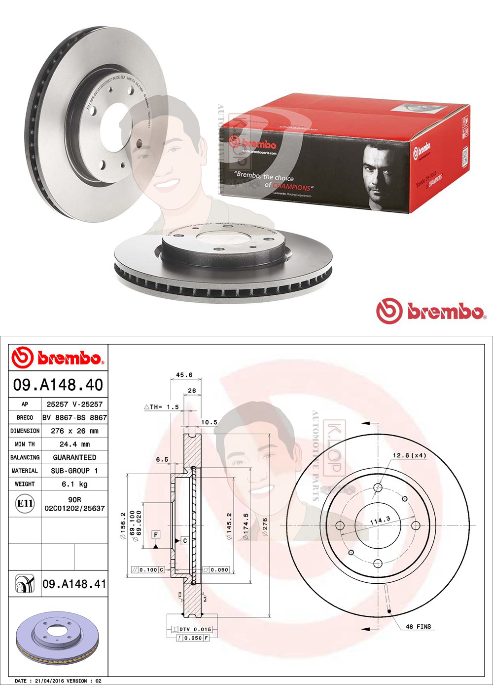 09 A148 41 จานเบรค ล้อ F (ยี่ห้อ BREMBO) รุ่น UV MITSUBISHI LANCER Cedia CS9/LANCER EX (1.8)
