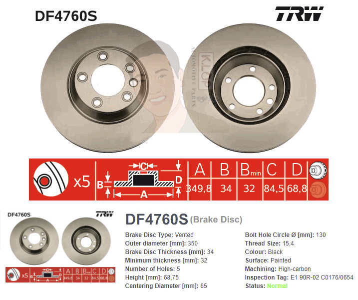 DF4760S จานเบรค-ดรัมเบรค(TRW) PORSCHE CAYENNE(9PA)(ปี02-10)3.2,S 4.5,Turbo 4.5,Turbo S 4.5,S 4.8,GTS 4.8 (FR V) /CAYENNE(92A)(ปี11-17)3.0S E-Hybrid, 3.6,3.6S,3.6 GTS,4.8S,4.8 GTS,4.8 Turbo,3.0 Diesel) (FR V)