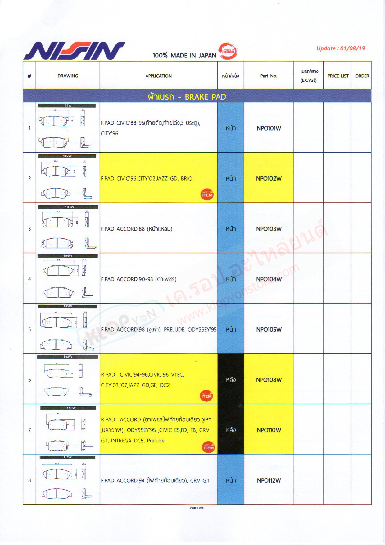 รวม-รายการ-ผ้าเบรก(Nissin นิชชิน) แท้ติดรถยนต์ Honda (อัพเดท 1-8-2019)