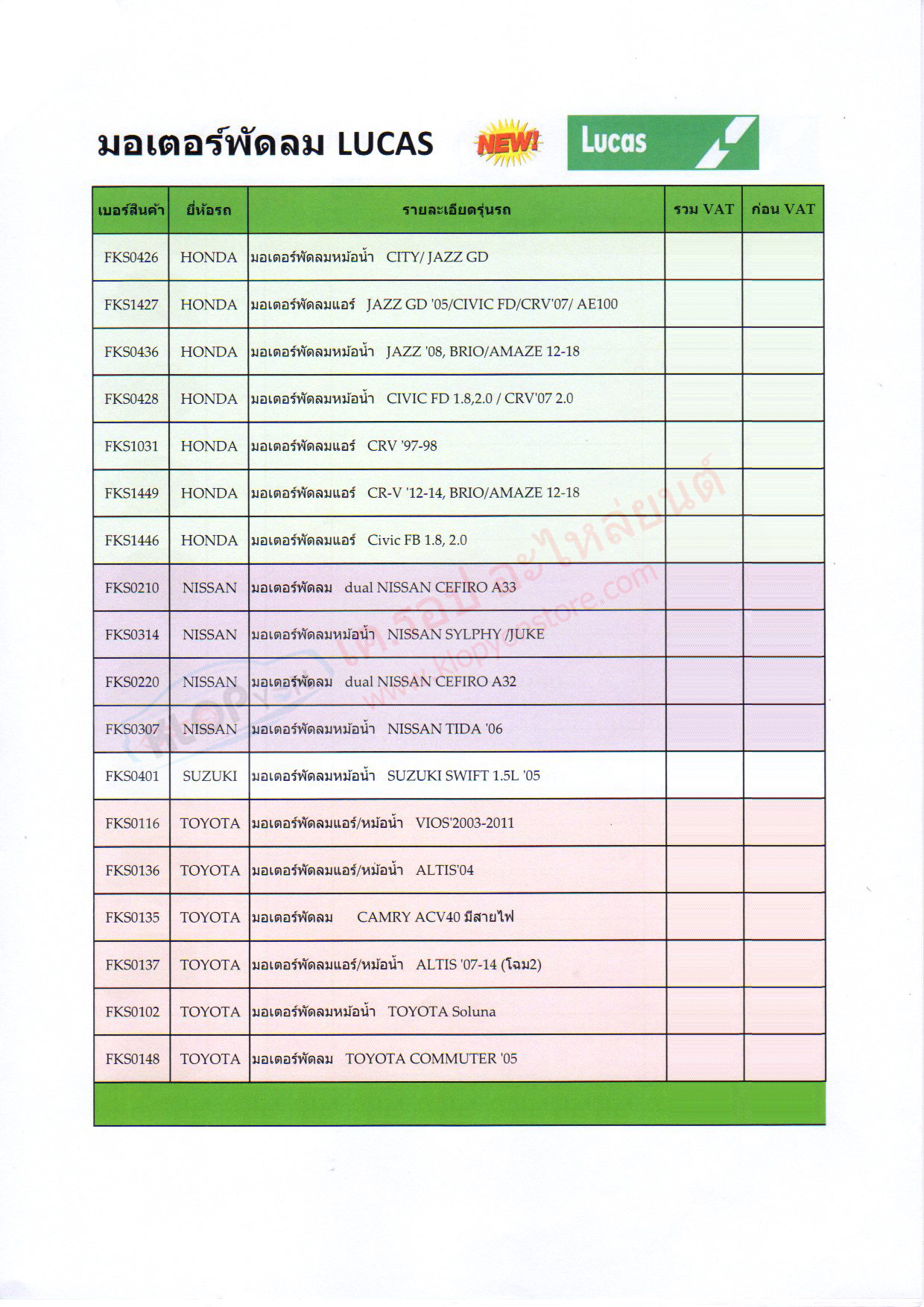 มอเตอร์พัดลมหม้อน้ำ,พัดลมแอร์ (LUCAS) Toyota, Honda, Nissan,Suzuki (อัพเดท!! 6-9-2019)