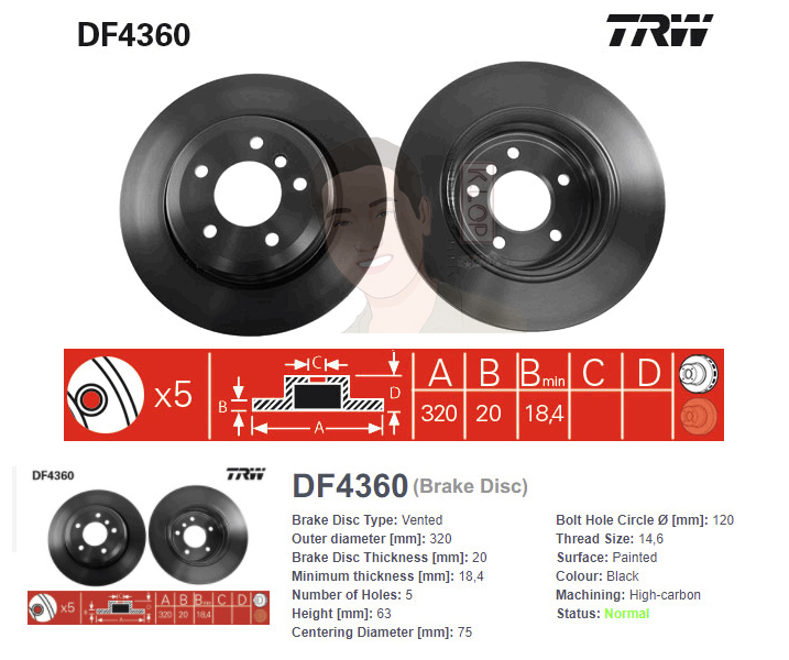 DF4360 จานเบรค-ดรัมเบรค(TRW) BMW E60 520i, 520d, 523i, 525i, 525d, 530i, 530d <BP> ปี2003-2007 R V