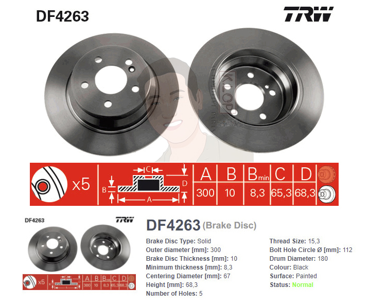 DF4263 จานเบรค-ดรัมเบรค(TRW) BENZ W211 E220 CDI ปี2002> /W212 E200,E250 ปี2009> /C218 CLS250 CDI ปี2012-2017 R S