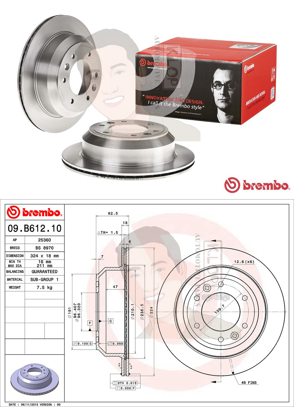 09 B612 10 จานเบรค ล้อ R (ยี่ห้อ BREMBO) รุ่น Std HYUNDAI H1 2.5 CRDi ปี 2008->
